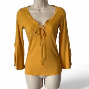 Yellow Ribbed Flare Sleeve Top